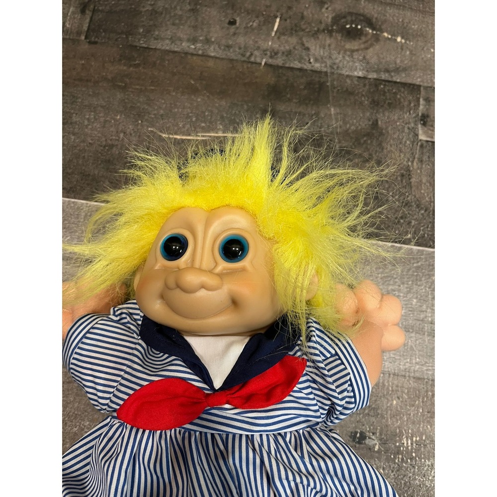 Vintage Large Plush Troll Doll Yellow Hair Sailor Outfit Blue White Striped 14in - Picture 2 of 7
